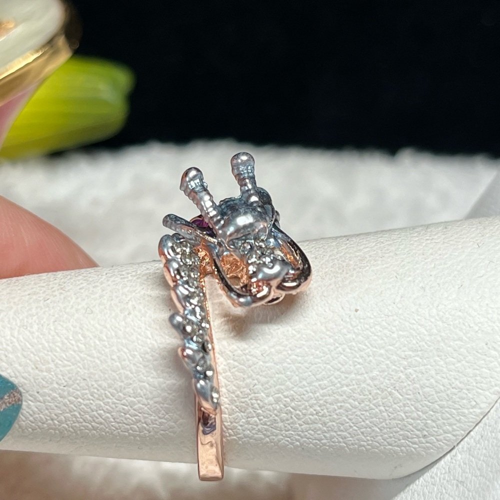 Elegant Silver and Purple enamel DRAGON Ring-rose gold
